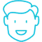 Smiling cartoon face with rounded features, dental care icon in blue outline style.
